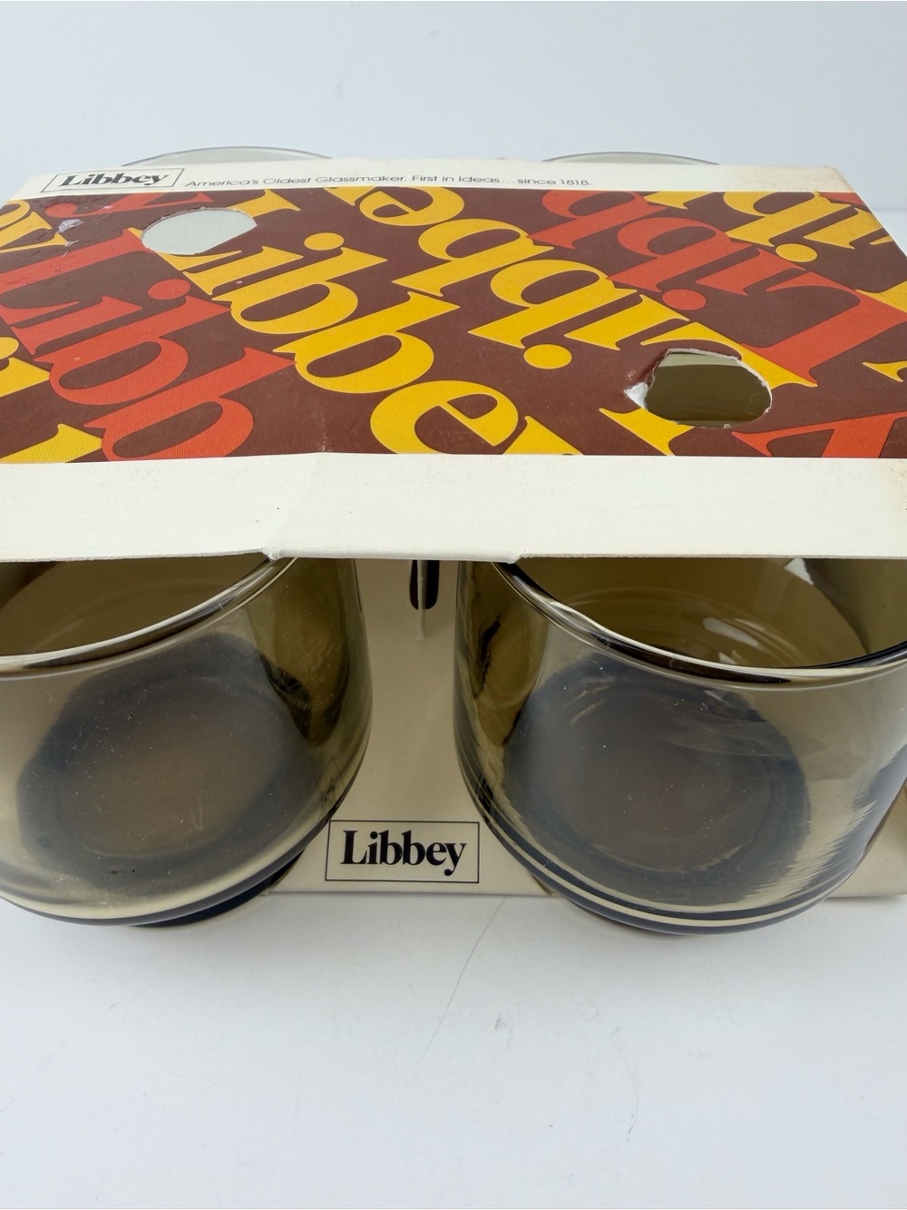 Libbey TAWNY ACCENT Set of Four Unopened Vintage Brown Smoke 9oz Rocks Glasses